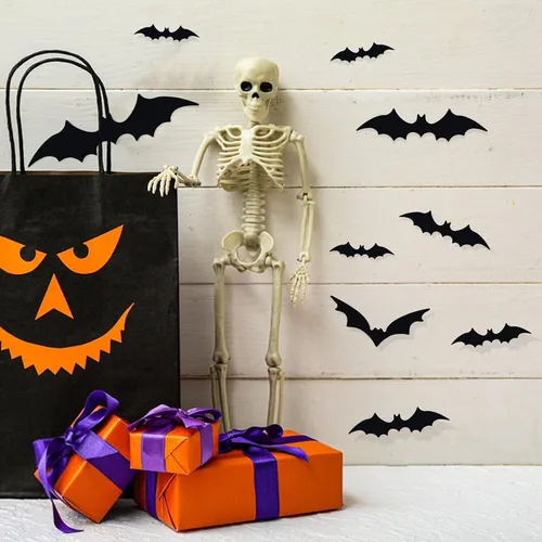 Vista 7 de Decoración de pared de murciélagos, 100 piezas 3D de murciélagos de Halloween, 6 tamaños diferentes de PVC negro adhesivo de murciélago