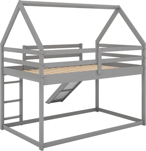 Vista 5 de Harper & Bright Designs - Litera de casa tamaño individual para niños con tobogán, marco de cama individual sobre individual, litera de madera