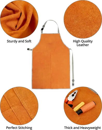 Vista 2 de QWORK Delantal y mangas de soldadura, juego de protectores de trabajo de soldadura, taller de trabajo de cuero resistente al calor y al fuego, ropa