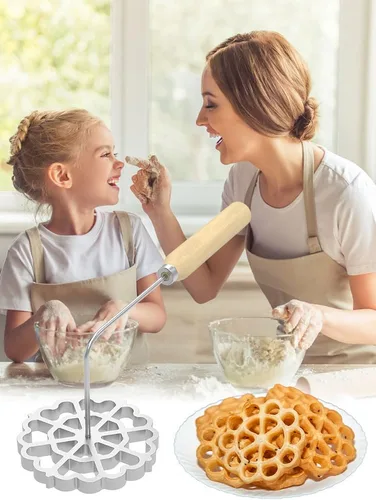 Vista 9 de Molde para bunuelos, molde de aluminio para hacer galletas con mango de madera, juego de moldes de hierro rosetón desmontable, moldes de gofre