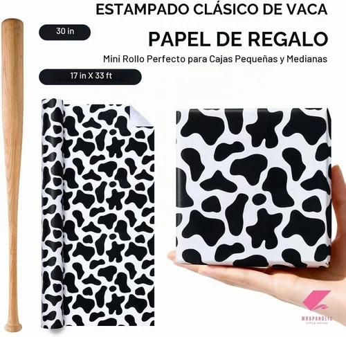 Vista 3 de WRAPAHOLIC Rollo de papel de regalo de vaca, mini rollo, 17 pulgadas x 33 pies, diseño de estampado de vaca, perfecto para bodas, cumpleaños Blanco
