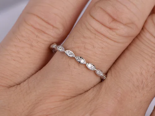 Vista 5 de Diamantes naturales, anillo de boda de media eternidad, oro blanco sólido de 14 quilates, anillo de aniversario, estilo marquesa Art Deco