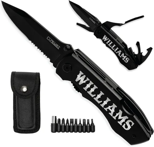 Vista 4 de Cuchillo multiherramienta personalizado con nombre grabado en 20 fuentes, cuchillo de alicates multiherramienta 9 en 1 con alicates, juego