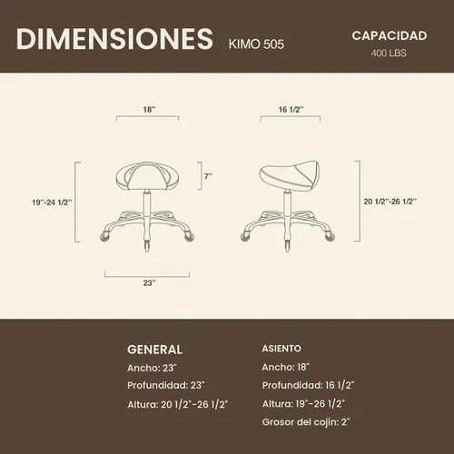 Vista 3 de Taburete grande giratorio neumático resistente con asiento extra ancho para clínica higiénica, spa, masaje, hogar y oficina, 505 KIMO (negro)