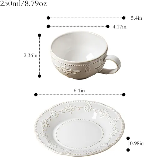 Vista 3 de Tazas de capuchino de 6 onzas con platillos, apto para inauguración de la casa, taza de café de cerámica en relieve para Au Lait, doble shot, latte