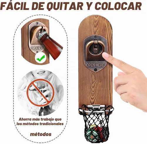 Vista 2 de Abrebotellas de cerveza de madera montado en la pared con colector de red Abridor 3
