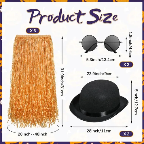 Vista 2 de Newcotte El juego de 10 piezas de falda Luau Hula para lentes de sol incluye 6 faldas de césped natural hawaiano, 2 piezas de sombrero negro Bowler