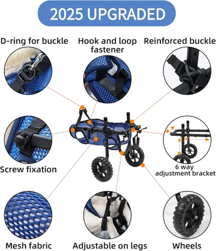 Vista 5 de Silla de ruedas ajustable para perros pequeños para patas traseras, rueda texturizada mejorada de 5.5 pulgadas, mascotas discapacitadas, soporte