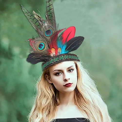 Vista 5 de CAKURE Disfraz de pavo real para mujer tocado de plumas de carnaval tocado de corona disfraz indio para fiesta de Halloween