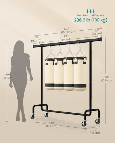 Vista 6 de SONGMICS Perchero con ruedas, estante de ropa resistente con varilla colgante extensible, capacidad de carga de 286.6 lb, 17.7 x (43.3-59.1) x 64.1