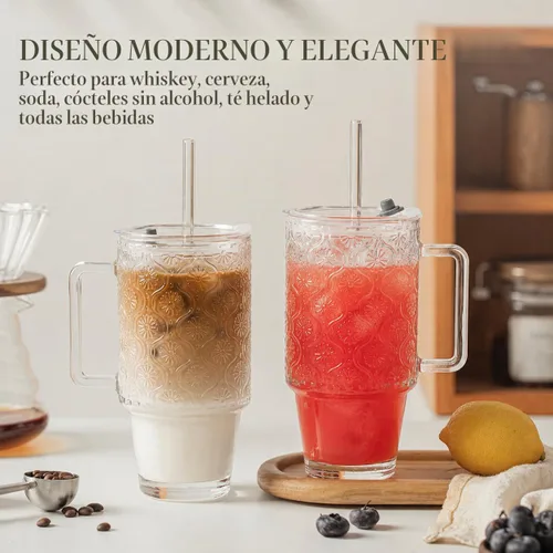 Vista 2 de KEMORELA Vaso de vidrio acanalado de 24 onzas con asa y tapa, tazas de café 24oz-Begonia