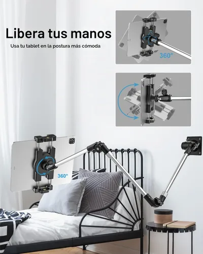 Vista 3 de Soporte de pared de aluminio para tableta, soporte plegable de 35 pulgadas para pared, clip de cámara web ajustable de 360°, para iPad Pro Air Mini
