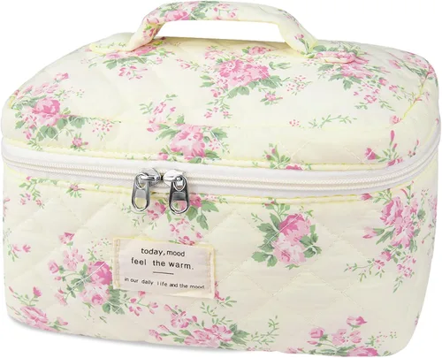 Vista 8 de Gosect Bolsa de maquillaje grande, bonita bolsa de cosméticos para mujeres y niñas, bolsa de aseo estética de coqueta floral, bolsa organizadora