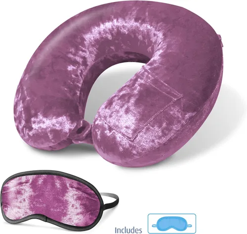 Vista 5 de Cloudz Luxe Crushed Velvet Ultra Premium Comforlite Almohada de cuello de viaje en avión con máscara de dormir lujosamente suave a juego, color malva