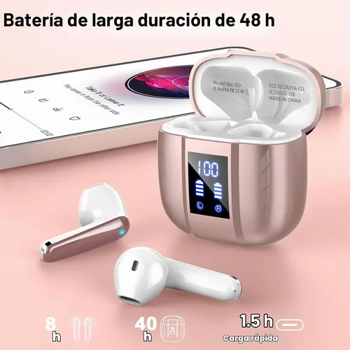 Vista 5 de Auriculares inalámbricos, auriculares Bluetooth 5.4, 48H, auriculares estéreo, pantalla LED con micrófono, IP7 impermeable en auricular, ajuste Ose