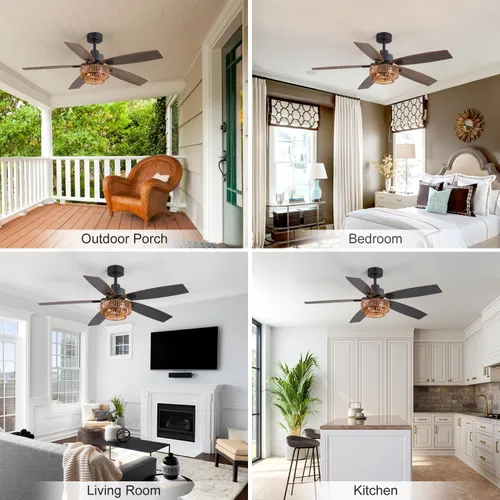 Vista 7 de 52" Farmhouse Ceiling Fans with Lights, Black Ceiling Fan with 6 Wind Speed Remote Control, Dual Finish 5 Blades, Reversible DC Motor, Rattan Caged