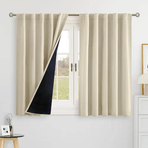 Vista 48 de BGment Cortinas 100% opacas beige de 63 pulgadas de largo con forro aislante térmico, bolsillo para varilla y lengüeta trasera de doble capa