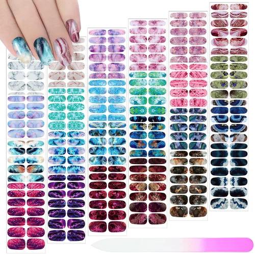 Vista 14 de Maitys 336 piezas de 24 hojas de tiras de esmalte de uñas de envoltura completa, autoadhesivas, tiras de uñas de gel, calcomanías de arte con lima