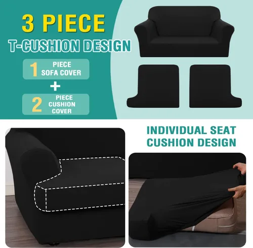 Vista 3 de Funda elástica para sofá con cojín en forma de T, 4 piezas, para sofá con cojín en T, funda de sofá suave, protector de muebles lavable con 3 fundas