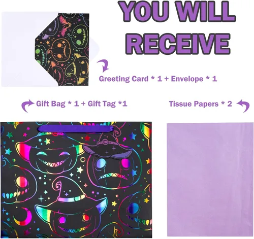 Vista 6 de LeZakaa Bolsa de Regalo Holográfica para Niños, Niños y Niñas, Sombrero de Bruja de Calabaza Malvada de Arcoíris en Diseño Negro con Papel de Seda