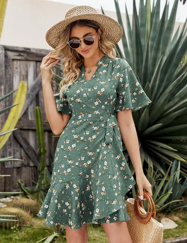 Vista 3 de Vestido casual de manga corta con cuello en V para mujer, con lazo en la cintura, vestido corto floral para boda