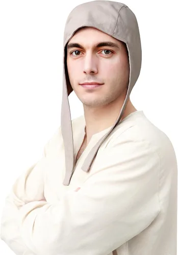 Vista 4 de KUOIN Medieval Coif Cap Linen Hats Bonnet with Ear Flaps Victorian Peasant Cosplay Arming Cap Accessories