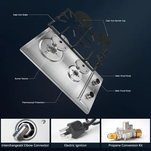 Vista 4 de Cocina de gas de 2 quemadores de propano - Estufa de gas de acero inoxidable de 12 pulgadas para combustible dual LPG/GN, quemador de gas portátil
