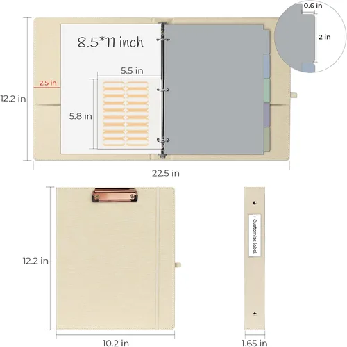 Vista 5 de EYROZILL Carpeta de 3 anillas, organizador de carpetas de lino de 1 pulgada para tamaño carta (8.5 x 11 pulgadas) con 5 separadores de pestañas