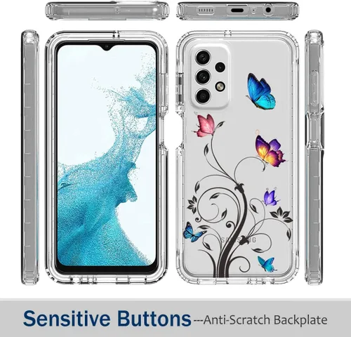 Vista 5 de Funda para Galaxy A23, SM-A235M con protector de pantalla de vidrio templado, diseño floral de cuerpo completo, carcasa rígida + TPU a prueba