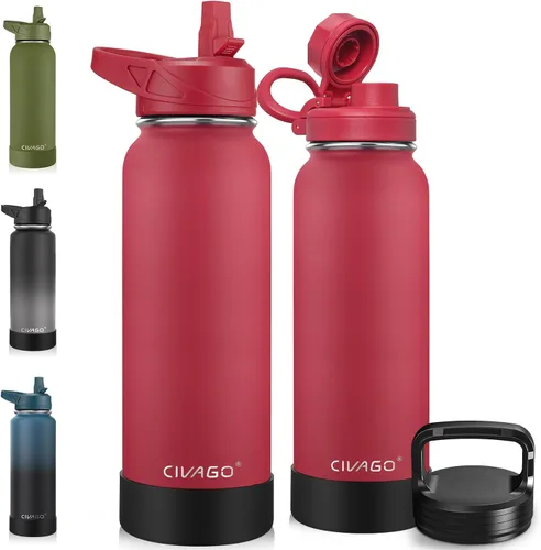 Vista 14 de CIVAGO Botella de agua aislada de 22 onzas con pajita, frasco de agua deportiva de acero inoxidable con 3 tapas