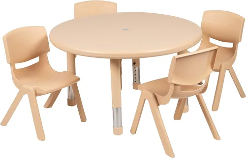 Vista 5 de Flash Furniture Emmy - Juego de mesa redonda de plástico rojo de 33 pulgadas con 4 sillas Mesa ajustable en altura, construcción duradera, uso