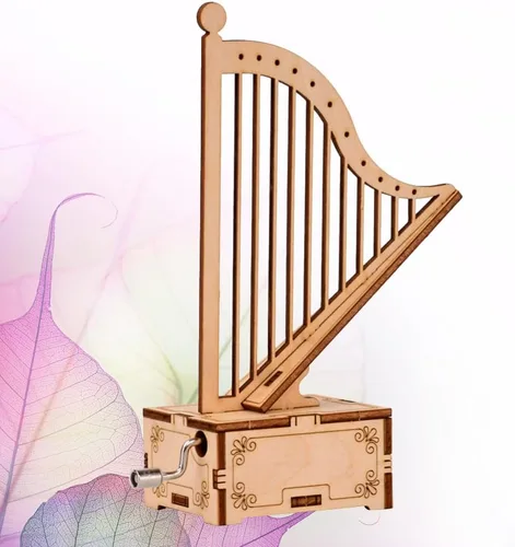 Vista 3 de ibasenice Caja de música con forma de arpa hecha a mano para niños, juguete musical de manivela montada de madera portátil, pequeña caja de música