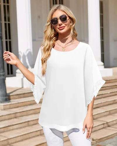 Vista 4 de Blusa de manga 34 con volantes para mujer, camisas fluidas de doble capa, elegantes blusas de gasa