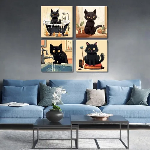 Vista 2 de Divertido kit de pintura por números de gato negro para adultos principiantes, paquete de 4 kits de pintura al óleo acrílica de gato negro