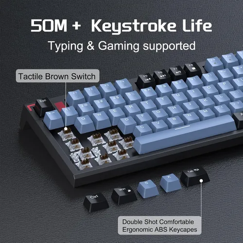 Vista 3 de Teclado mecánico compacto 80% para juegos, teclado mecánico tkl con cable con interruptores marrones, teclado retroiluminado azul hielo 87 teclas