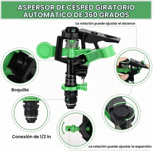 Vista 3 de Aspersores para patio y jardín, rociador giratorio automático de 360 grados con anillo de parada de agua, rociadores pulsantes giratorios ajustables
