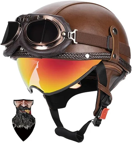Vista 13 de Cascos Moto Retro Jet Vintage Medio, DOT Homologado Visera Retráctil PC y Hebilla Rápida, Desmontable para Hombre Mujer Adultos, Scooter Crucero