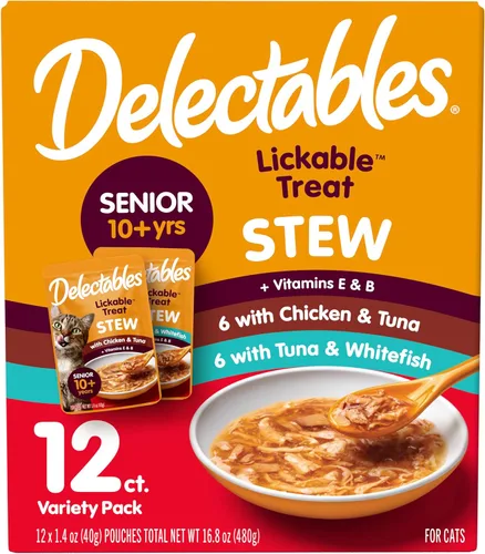 Vista 12 de Delectables Lickable Treat Stew Senior 10+ - Golosina húmeda para gatos con pollo real y atún, adorno para alimentos, hidratante, sin granos, sin