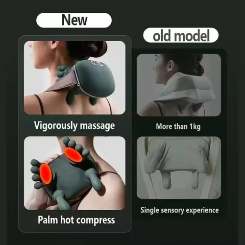 Vista 2 de Masajeador térmico de cuello y hombros – Almohada de masaje eléctrica Shiatsu de tejido profundo 4D, diseño portátil inalámbrico similar a la mano