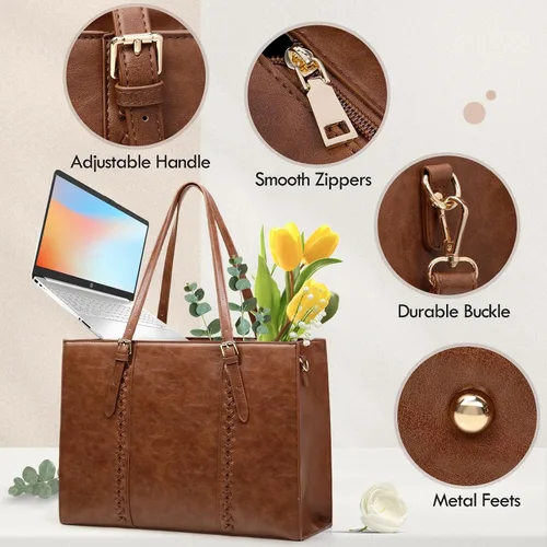 Vista 6 de RAINSMORE Bolsa para Laptop para Mujeres, Bolsa Tote para Laptop de 15.6 Pulgadas de Cuero PU Bolsa de Trabajo para Computadora Ligera Bolsos