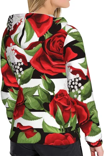Vista 5 de BcoDoN Womens Rose Floral Black White Stripes Hoodies Sweatshirt Sports Pullover Tops For Ladies
