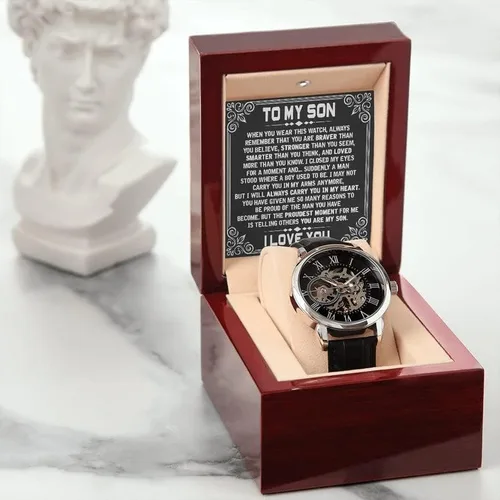 Vista 2 de Reloj calado para hombre con tarjeta de mensaje especial My Son Regalo sentimental para hijo regalo de cumpleaños para hijo regalos únicos