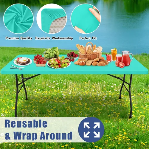 Vista 5 de Moosfor Mantel rectangular de elastano de 4 pies, manteles elásticos ajustables para pícnic, funda elástica y lavable para mesa de patio para Azul
