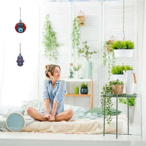 Vista 8 de Juego de regalo hecho a mano de protección ocular de 3 piezas, dijes Fusion Hamsa Hand Evil Eye, adornos de decoración de pared con atrapasueños