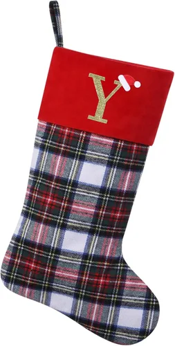 Vista 40 de Calcetines de Navidad personalizados con monograma inicial, adornos colgantes, medias clásicas de cuadros negros de 19 pulgadas, decoraciones