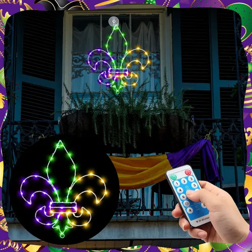 Vista 4 de Rossesay 2 luces de ventana de Mardi Gras, decoración de ventana de Mardi Gras, flor de lis, luz colgante con ventosa, control remoto, funciona