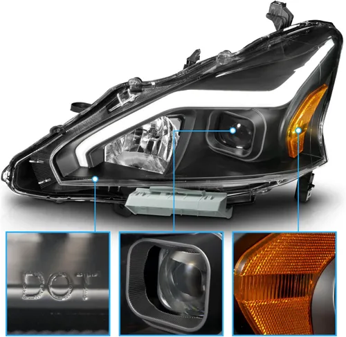 Vista 3 de AmeriLite Juego de faros delanteros cuadrados negros para Nissan Altima de 4 puertas sedán 2013-2015, lado del pasajero y del conductor