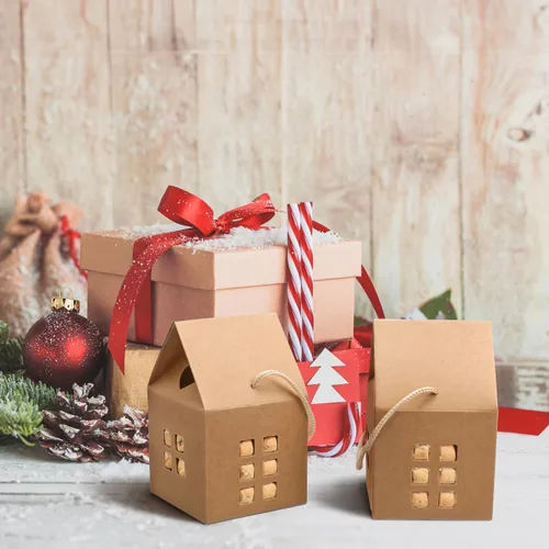 Vista 6 de Cajas de regalo en forma de casa, 10 bolsas de mano para dulces y galletas, papel kraft ecológico, perfecto para fiestas de vacaciones, bodas