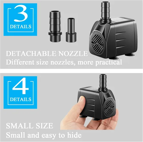 Vista 5 de Paquete de 3 bombas sumergibles con luz LED, bomba de fuente pequeña con tubo, bomba de agua sumergible para acuario, pecera, interior o exterior