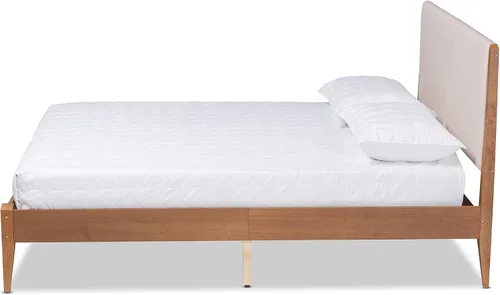 Vista 3 de Baxton Studio Lenora Mid-Century - Cama de plataforma tapizada de tela beige moderna y acabado marrón nogal, tamaño King